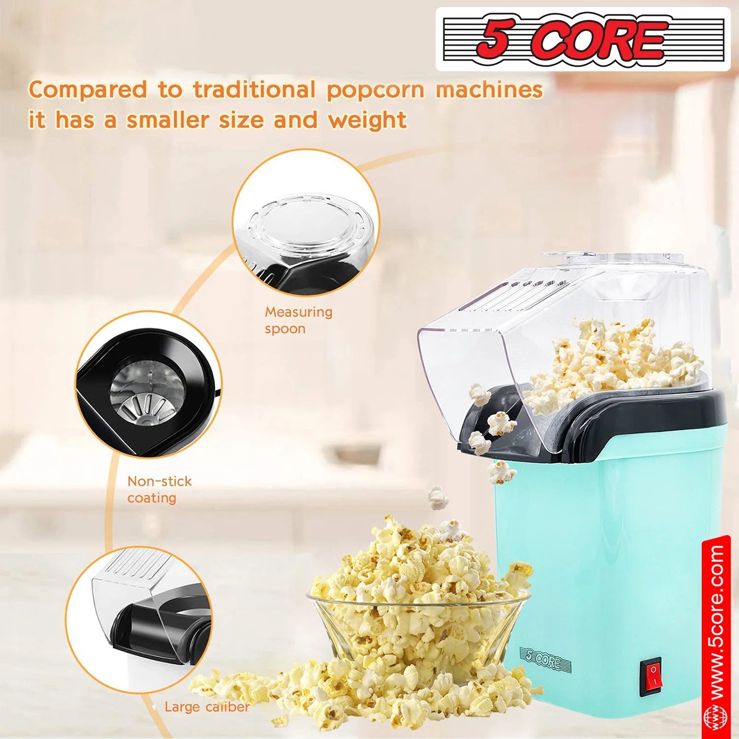 5 Core Popcorn Machine 16 Cup Capacity Hot Air Popper Mini Portable Tabletop Electric Pop Corn Maker