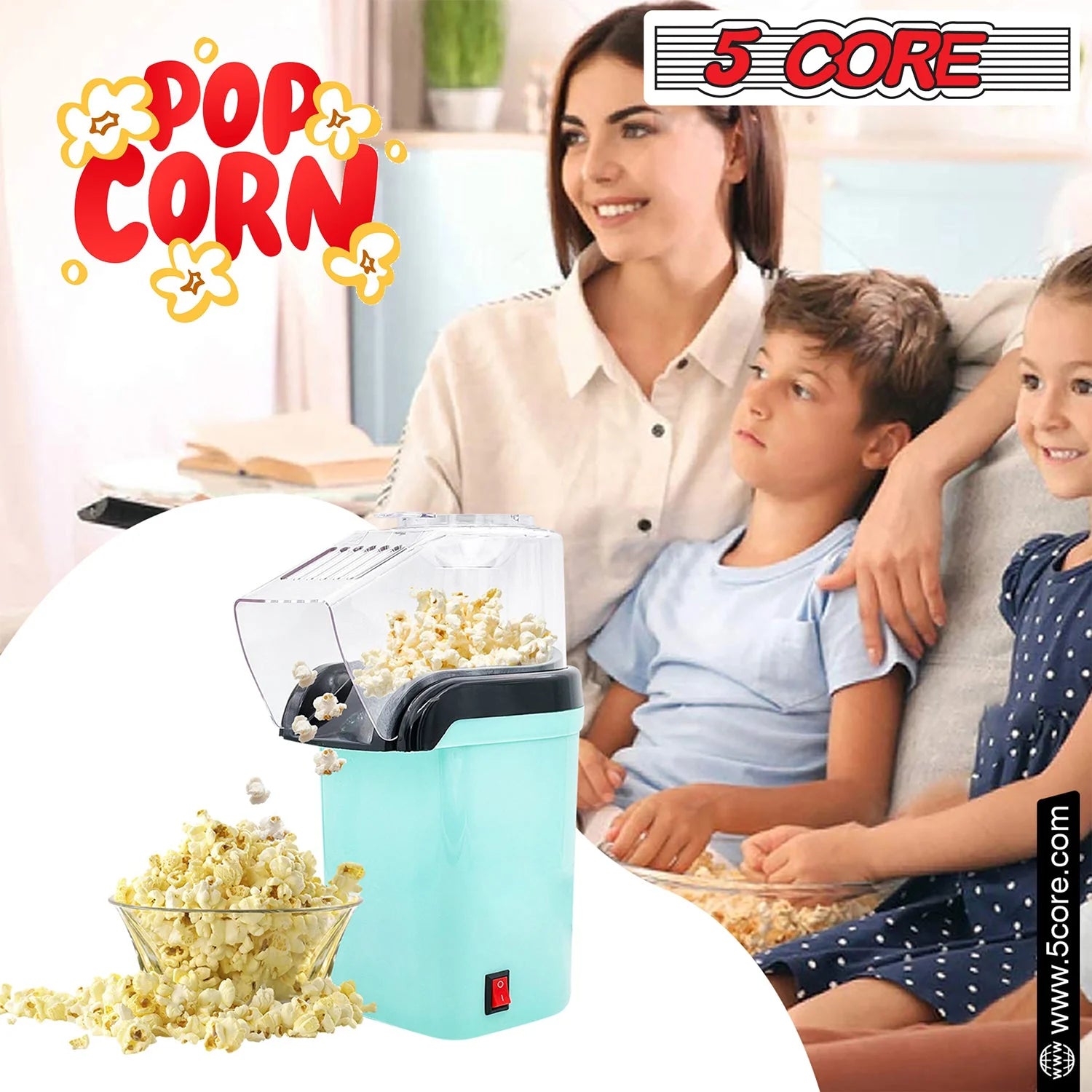 5 Core Popcorn Machine 16 Cup Capacity Hot Air Popper Mini Portable Tabletop Electric Pop Corn Maker