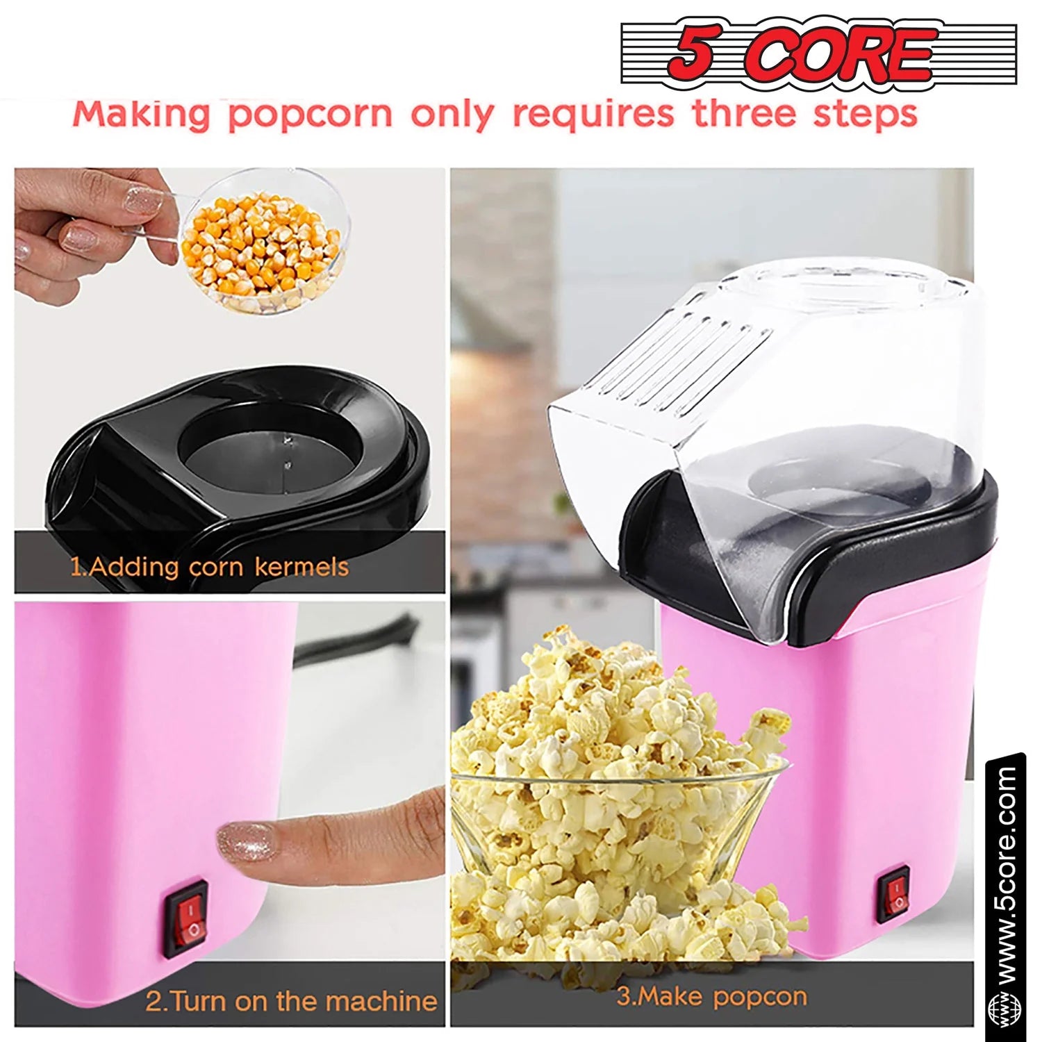 5 Core Popcorn Machine 16 Cup Capacity Hot Air Popper Mini Portable Tabletop Electric Pop Corn Maker