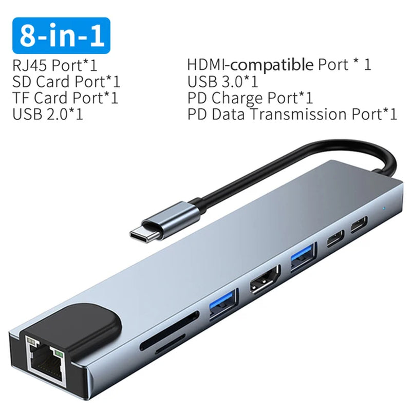 USB C Hub Type C to Hdmi-Compatible RJ45 5/6/8/11 Ports Dock with PD TF SD AUX Usb Hub 3 0 Splitter for Macbook Air Pro PC HUB