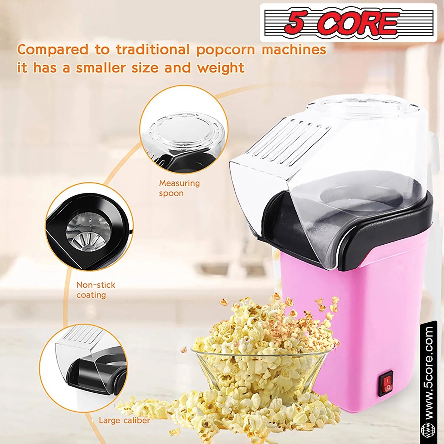 5 Core Popcorn Machine 16 Cup Capacity Hot Air Popper Mini Portable Tabletop Electric Pop Corn Maker