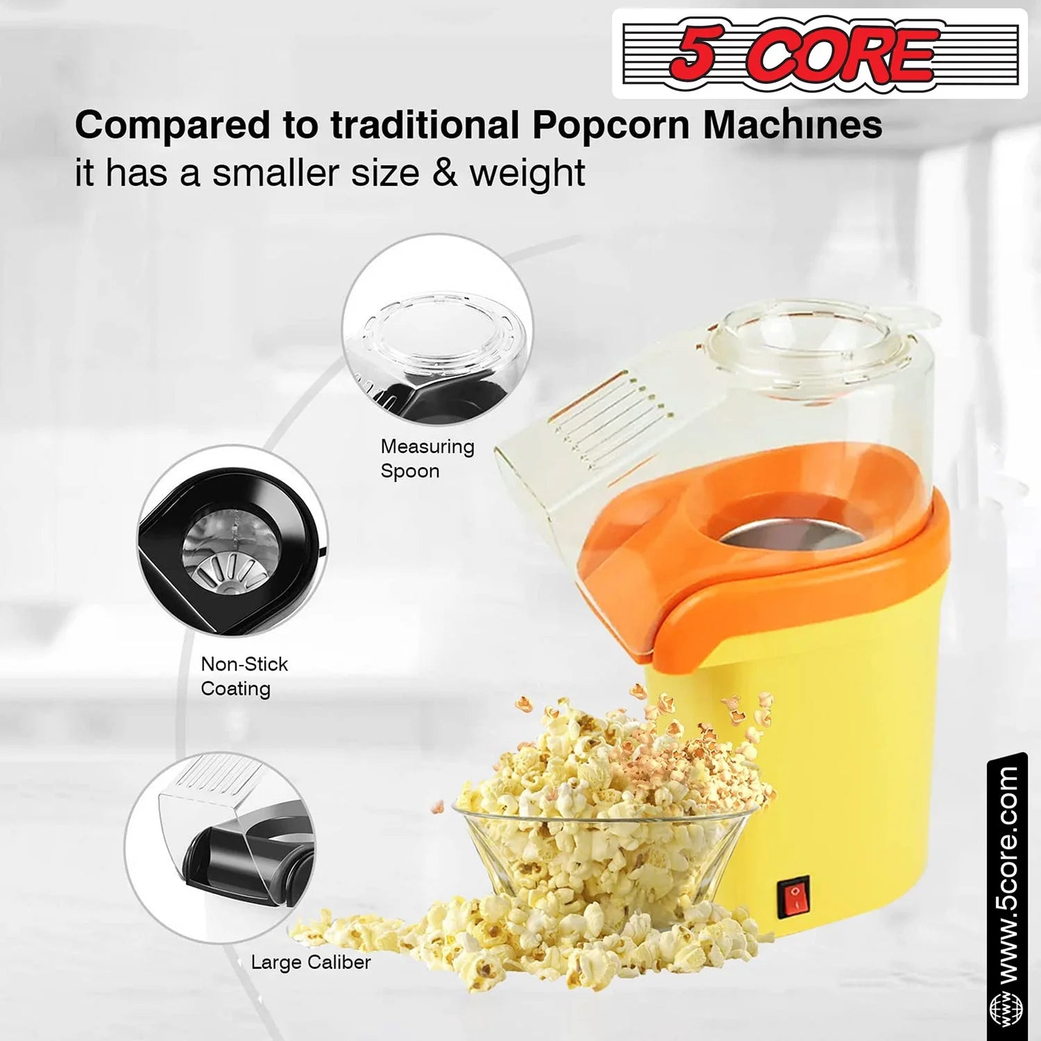 5 Core Popcorn Machine 16 Cup Capacity Hot Air Popper Mini Portable Tabletop Electric Pop Corn Maker