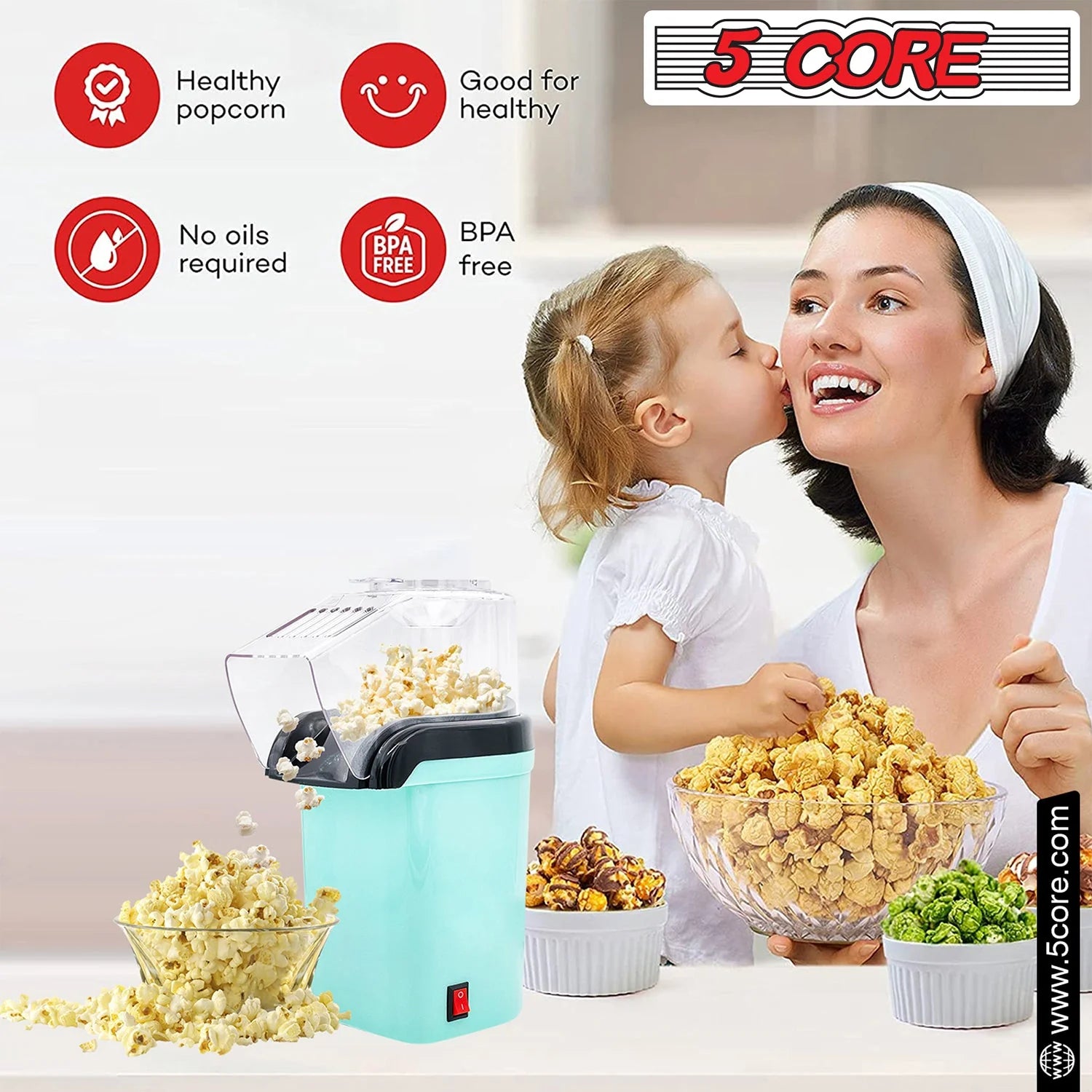 5 Core Popcorn Machine 16 Cup Capacity Hot Air Popper Mini Portable Tabletop Electric Pop Corn Maker