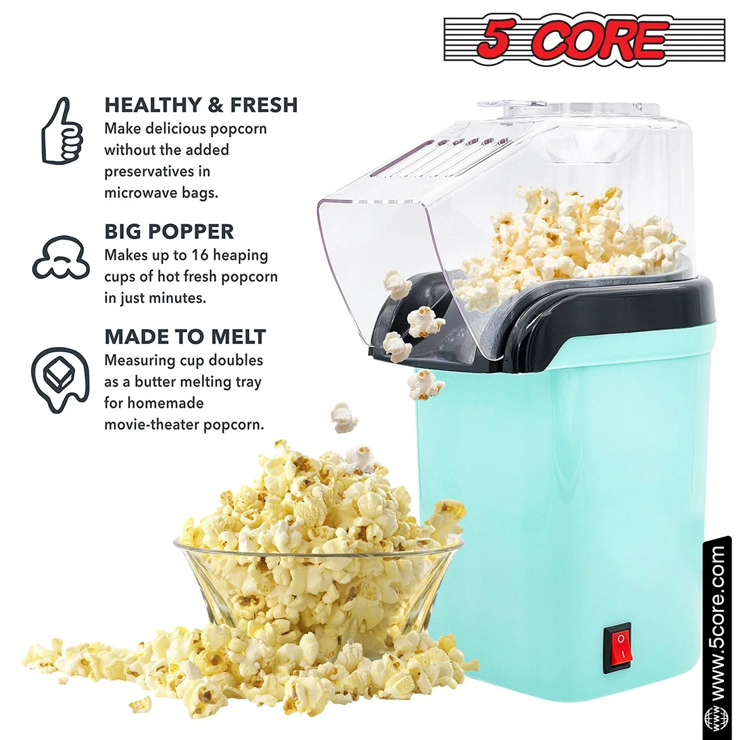 5 Core Popcorn Machine 16 Cup Capacity Hot Air Popper Mini Portable Tabletop Electric Pop Corn Maker