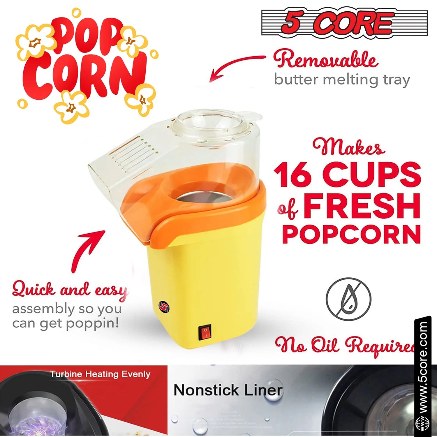 5 Core Popcorn Machine 16 Cup Capacity Hot Air Popper Mini Portable Tabletop Electric Pop Corn Maker