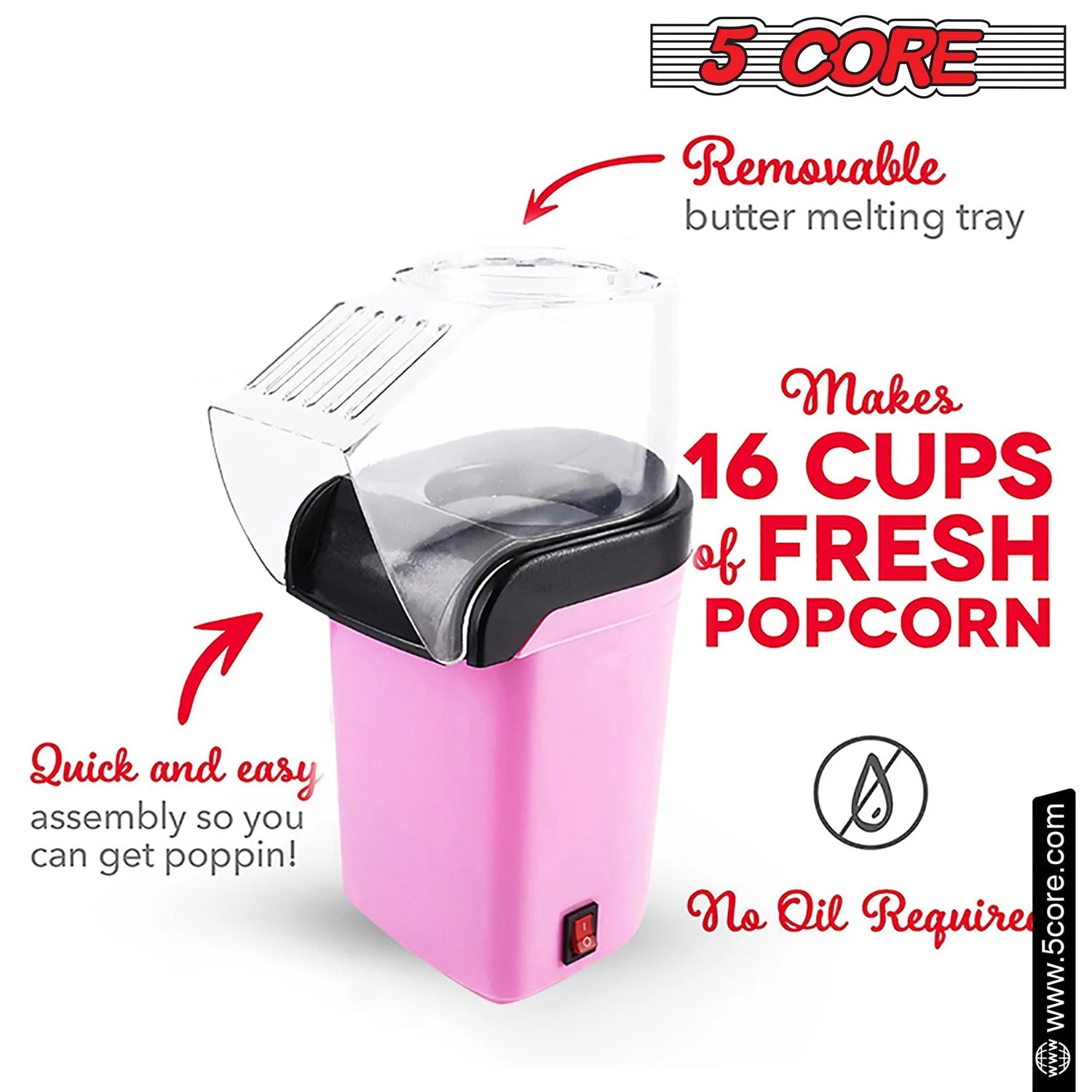 5 Core Popcorn Machine 16 Cup Capacity Hot Air Popper Mini Portable Tabletop Electric Pop Corn Maker