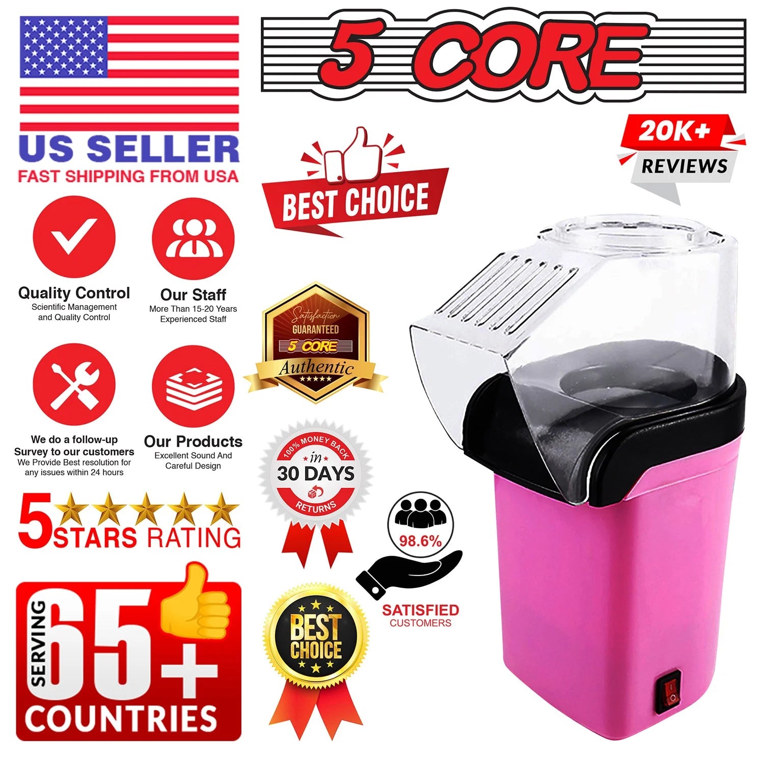 5 Core Popcorn Machine 16 Cup Capacity Hot Air Popper Mini Portable Tabletop Electric Pop Corn Maker